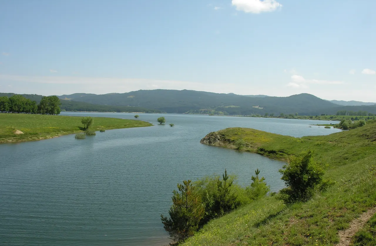 Il lago Cecita tra rive verdi e rilievi boscosi della Sila, visto dal ponte di Vaccarizzo.