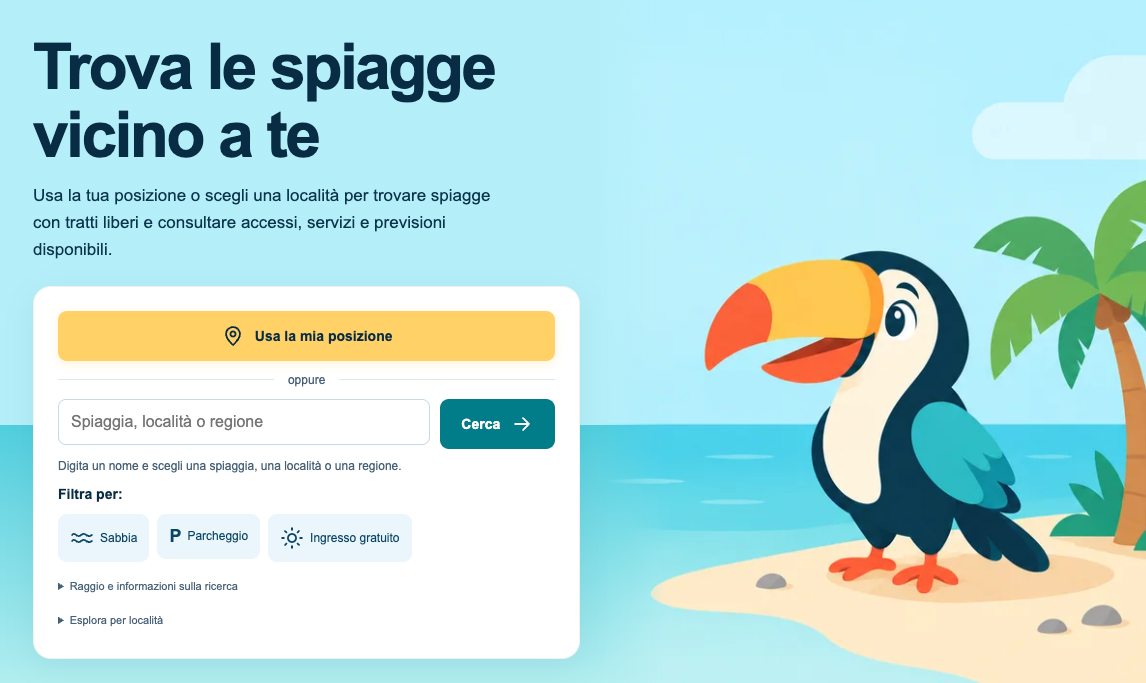 La homepage di MareQui con ricerca per posizione o località, filtri per le spiagge e un tucano illustrato sulla riva.
